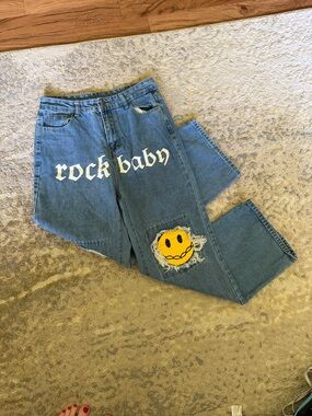 SHEIN Light Blue Denim Jeans with Yellow Stitching